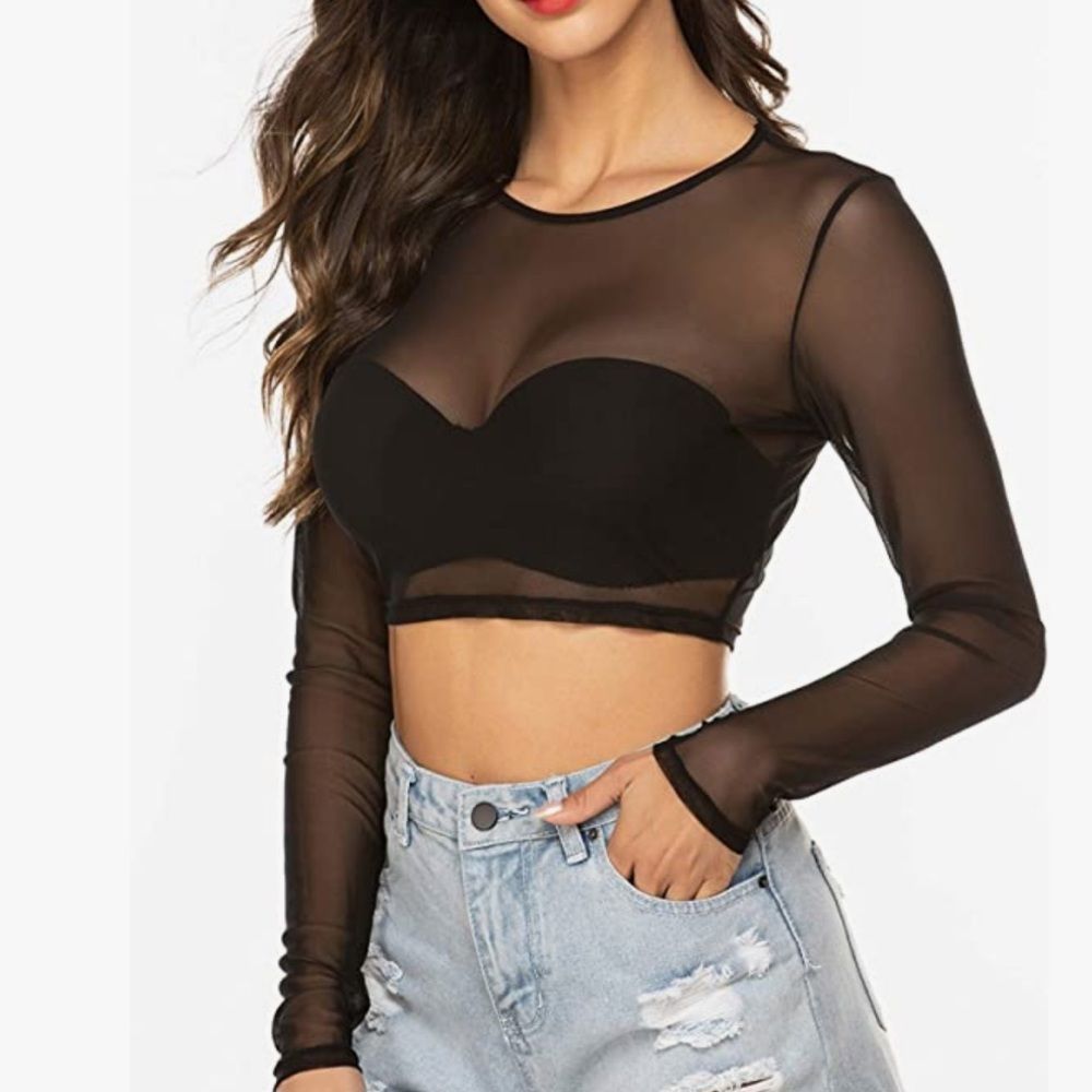 Adome Mesh Long Sleeved Crop Top, black, Sz M, NWT